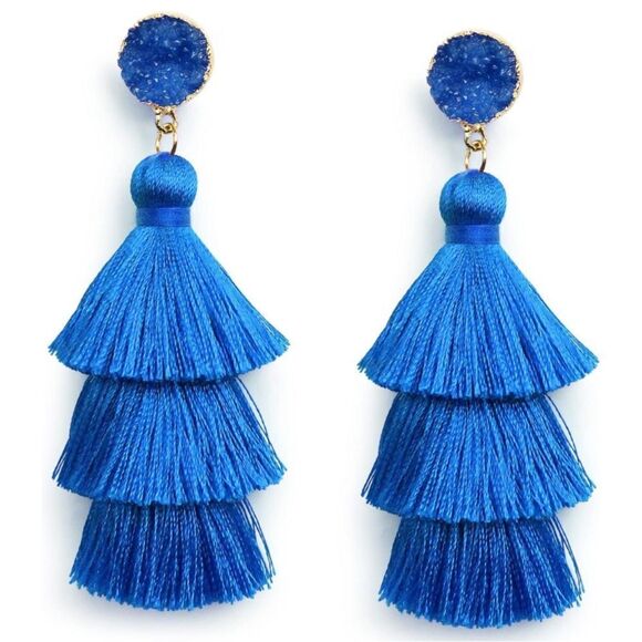 14K Yellow Gold with Blue Silk Thread Tassel and Quartz Druzy Post Drop Earrings - Picture 1 of 8